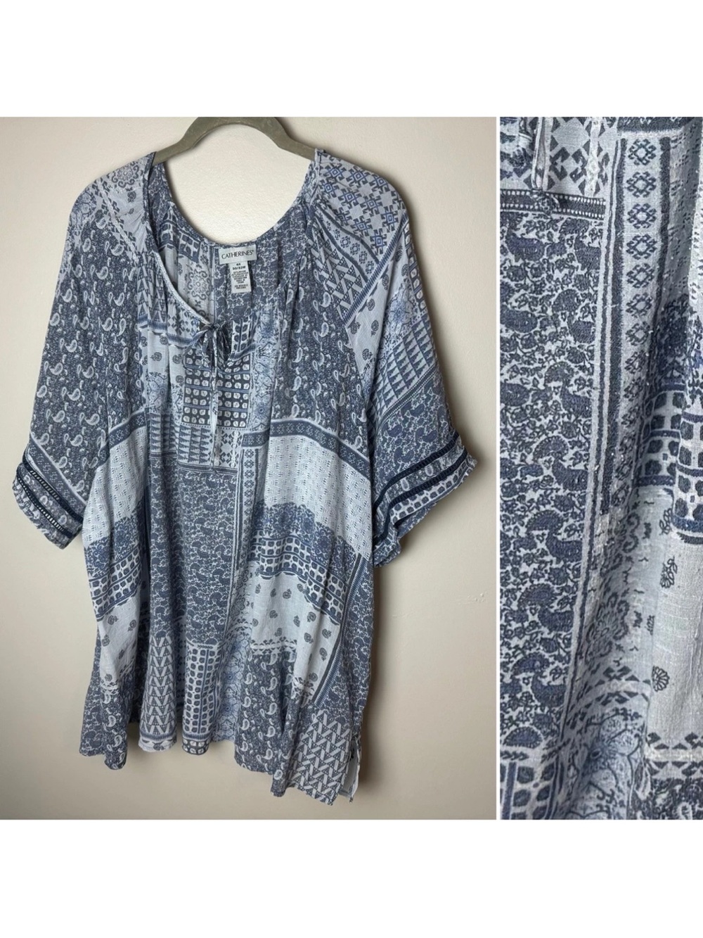 Catherines Tunic Top Size 4X 30W 32W Blue Patchwork Paisley Boho Short Sleeves